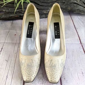 Vintage Stuart Weitzman Champagne Satin Rhinestone Pumps - Size 7 AA (Na…